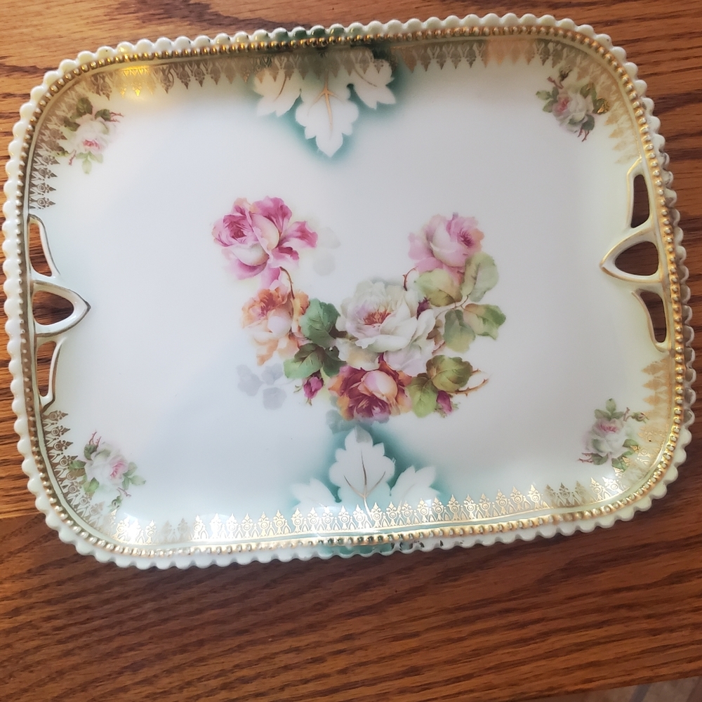 Antique RS Prussia MARKED Serving Tray with Rose Spray and Gold